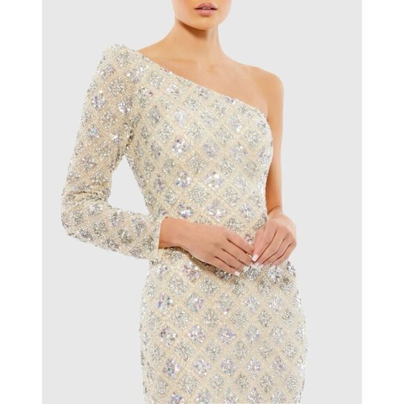 Mac Duggal Size 8 Beige  5479 Embellished Sequin One Shoulder Evening Dress Gown - Picture 2 of 14